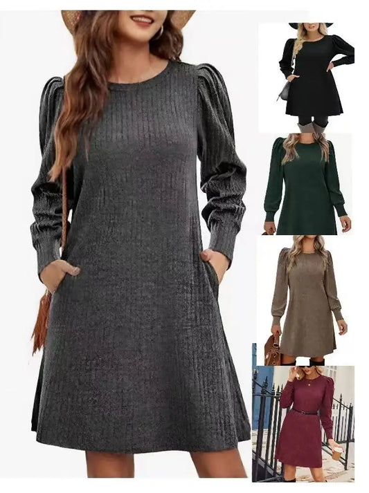 2025 Fashion Ladies Knit Bubble Sleeve Long Sleeve Autumn Winter Round Neck Casual Loose Dress with Pockets